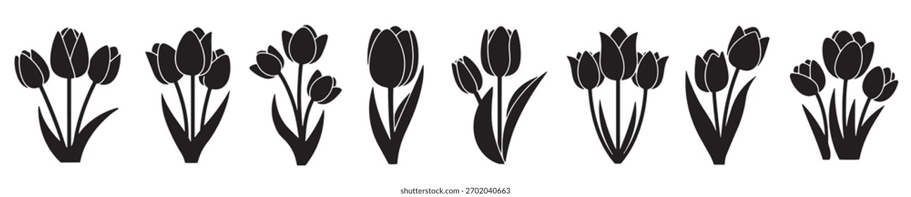 Paquete decorativo del icono de la flor del tulipán en silueta negra