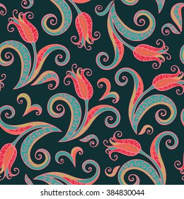 Decorative  tulips flowers seamless pattern. Floral background. Colorful vector illustration.