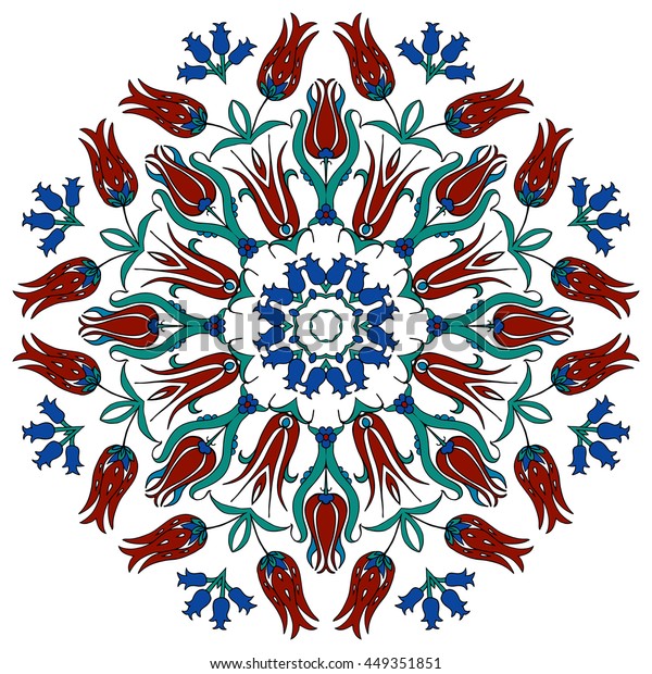 トルコの装飾版 イスラムの花柄の丸のデザイン チューリップ トルコの伝統的な丸い装飾品 ベクター画像イラスト のベクター画像素材 ロイヤリティフリー