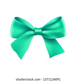 Decorative turquoise ribbon bow. Realistic decoration for holiday. Elegant silk accessory for clothes. Holyday design element isolated on white. Elegant object from silk vector illustration.