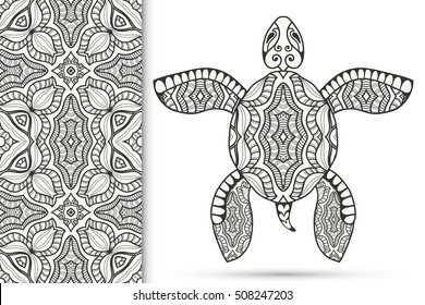 Decorative turtle with ornament and seamless doodle geometric pattern, vector tribal totem animal, isolated elements for coloring book page, invitation or greeting card design svg