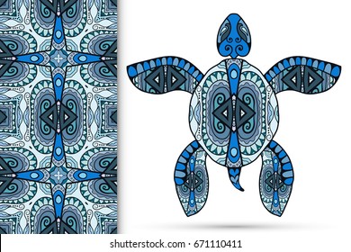 Decorative turtle with ornament and seamless doodle geometric pattern, vector tribal totem animal, isolated elements for scrapbook,textile fabric print,  invitation or greeting card design