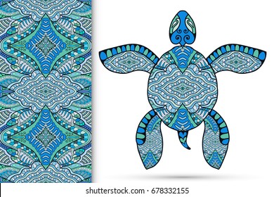 Decorative turtle with ornament and seamless doodle geometric pattern, vector tribal totem animal, isolated elements for scrapbook,textile fabric print, invitation or greeting card design