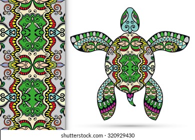 Decorative turtle with ornament and seamless floral geometric pattern, vector tribal totem animal, isolated elements for scrapbook, invitation or greeting card design 