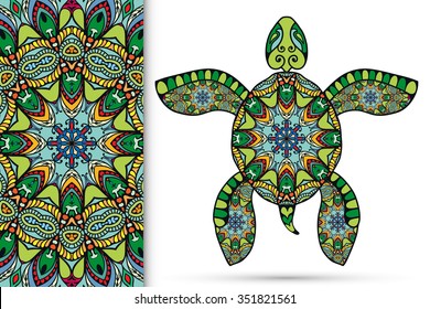 Decorative turtle with ornament and seamless floral geometric pattern, vector tribal totem animal, isolated elements for scrapbook, invitation or greeting card design 