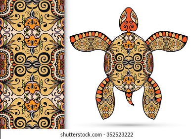 Decorative turtle with ornament and seamless floral geometric pattern, vector tribal totem animal, isolated elements for scrapbook, invitation or greeting card design 