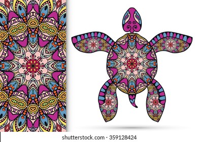 Decorative turtle with ornament and seamless floral geometric pattern, vector tribal totem animal, isolated elements for scrapbook, invitation or greeting card design 