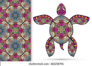 Decorative turtle with ornament and seamless floral geometric pattern, vector tribal totem animal, isolated elements for scrapbook, invitation or greeting card design 