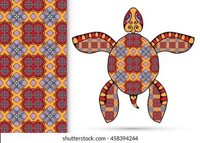 Decorative turtle with ornament and seamless floral geometric pattern, vector tribal totem animal, isolated elements for scrapbook, invitation or greeting card design