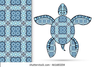 Decorative turtle with ornament and seamless floral geometric pattern, vector tribal totem animal, isolated elements for scrapbook, invitation or greeting card design