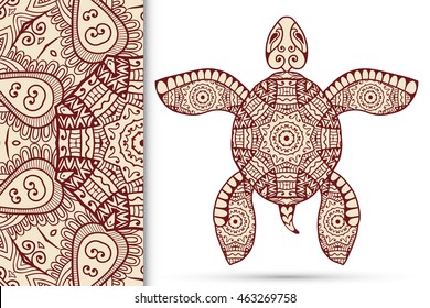 Decorative turtle with ornament and seamless floral geometric pattern, vector tribal totem animal, isolated elements for scrapbook, invitation or greeting card design