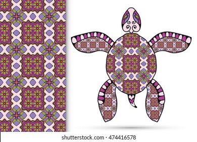 Decorative turtle with ornament and seamless floral geometric pattern, vector tribal totem animal, isolated elements for scrapbook, invitation or greeting card design