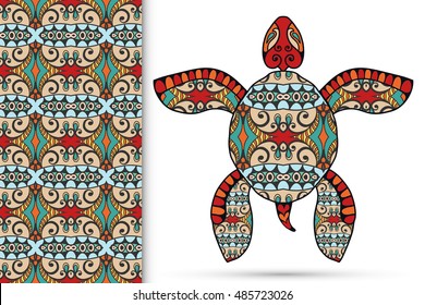 Decorative turtle with ornament and seamless floral geometric pattern, vector tribal totem animal, isolated elements for scrapbook, invitation or greeting card design