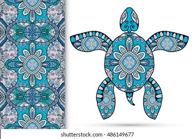 Decorative turtle with ornament and seamless floral geometric pattern, vector tribal totem animal, isolated elements for scrapbook, invitation or greeting card design