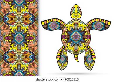 Decorative turtle with ornament and seamless floral geometric pattern, vector tribal totem animal, isolated elements for scrapbook, invitation or greeting card design