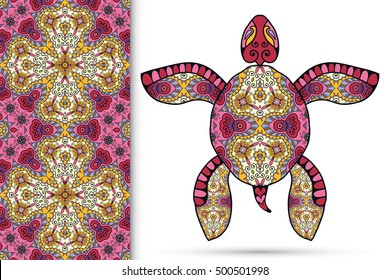 Decorative turtle with ornament and seamless floral geometric pattern, vector tribal totem animal, isolated elements for scrapbook, invitation or greeting card design