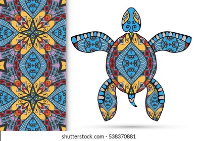 Decorative turtle with ornament and seamless floral geometric pattern, vector tribal totem animal, isolated elements for scrapbook, invitation or greeting card design