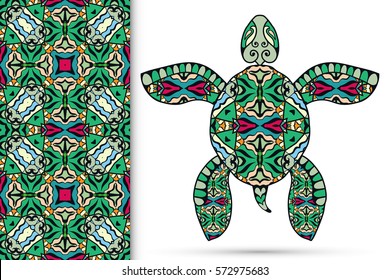 Decorative turtle with ornament and seamless floral geometric pattern, vector tribal totem animal, isolated elements for scrapbook, invitation or greeting card design