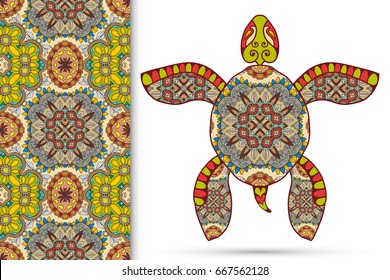Decorative turtle with ornament and seamless floral geometric pattern, vector tribal totem animal, isolated elements for scrapbook, invitation or greeting card design