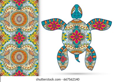 Decorative turtle with ornament and seamless floral geometric pattern, vector tribal totem animal, isolated elements for scrapbook, invitation or greeting card design svg