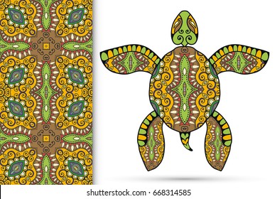 Decorative turtle with ornament and seamless floral geometric pattern, vector tribal totem animal, isolated elements for scrapbook, invitation or greeting card design
