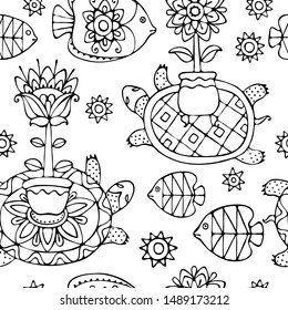 decorative turtles with flowers on a shell swims surrounded by fish and stars