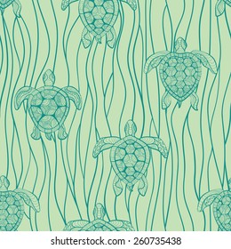 Decorative turtles in sea waves. Seamless pattern