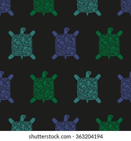 Decorative turtles seamless pattern on a black background. Vector illustration