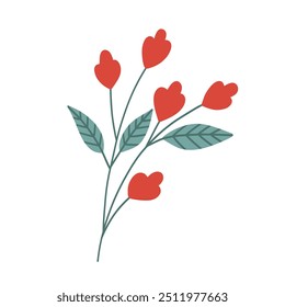 Decorative twig with flowers. Autumn natural decoration. Decorative botany. Flat style illustration on a white background.