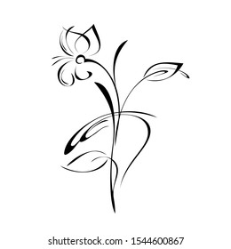 decorative twig with one stylized flower, large leaves and curls in black lines on a white background