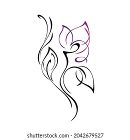 decorative twig with one stylized flower with large petals, leaves and curls. graphic decor