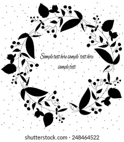 decorative twigs leaves black and white in a circle,wreath,on a white background with text