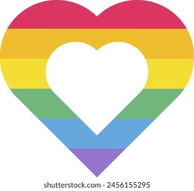 Dekorative zwei Herzen schlagen in regenbogengestreiften Farben zusammen. LGBT-Party-Symbol für das Design der Karte oder Einladung. Mehrfarbiges Vektorgrafik-Symbol isoliert auf weißem Hintergrund
