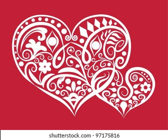 Decorative two hearts ornament 2 hearts with nature ornament, sign symbol character for tattoo design