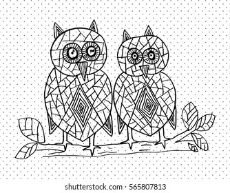 Decorative two owl black and white– Stock Illustration
