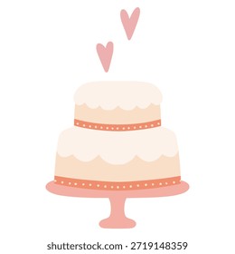 Decorative two tier cake on a stand with floating hearts, symbolizing love and celebration