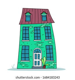 Decorative two-story house in green with an attic. Isolated vector illustrations.
