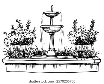 decorative two-tier fountain with plants and flowers hand-drawn illustration