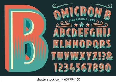 A decorative type font with 3D effects. Vector lettering, punctuation, numerals and swashes.