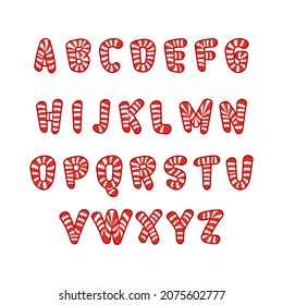 Típica decorativa con rayas rojas y blancas brillantes. Fuentes para eventos, promoción, logotipo, banner, monograma y afiche. Tipo de letra vectorial.
