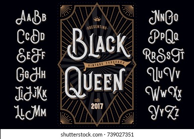 Decorative typeface named "Black Queen" with extruded lines effect and vintage label template