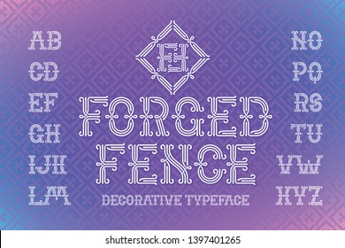 Decorative typeface named "Forged Fence" with bright pattern background.