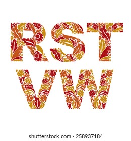 Decorative typescript with natural pattern. Flowery alphabet, calligraphic letters.