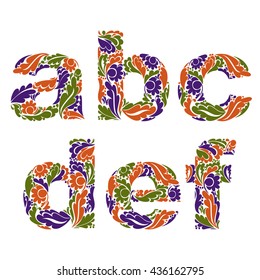 Decorative typescript with natural pattern. Flowery alphabet, calligraphic letters.