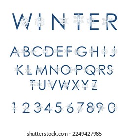 Decorative typographic font with author's hexagonal snowflakes. A set of letters from A to Z. Set of numbers from 1 to 0. Image for winter holidays decoration. Typographic initials
