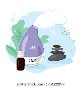 Decorative ultrasonic home diffuser with a jar of essential oil and stones for meditation. Concept of a home Spa and Wellness space. Baner about skin hydration, aromatherapy. Falt vector illustration.