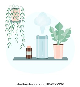 Difusor de hogar ultrasónico decorativo con un frasco de aceite esencial y piedras para meditación. Concepto de un espacio de spa y bienestar en casa. Baner sobre hidratación de piel, aromaterapia. Ilustración vectorial Falt.