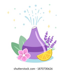 Decorative ultrasonic home diffuser and lavender flowers for meditation and freshness at home and aromatherapy Concept of a home spa and wellness space flat editable vector illustration