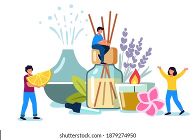 Flores de lavanda y difusor de hogar ultrasónico decorativos para meditación y frescura en casa y aromaterapia Concepto de un balneario hogar y espacio de bienestar con pequeñas personas ilustración vectorial plana