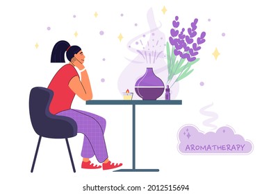 Decorative ultrasonic home diffuser and lavender flowers for meditation and freshness at home Aromatherapy Concept of a home spa and wellness space Vector illustration Woman using an aroma diffuser